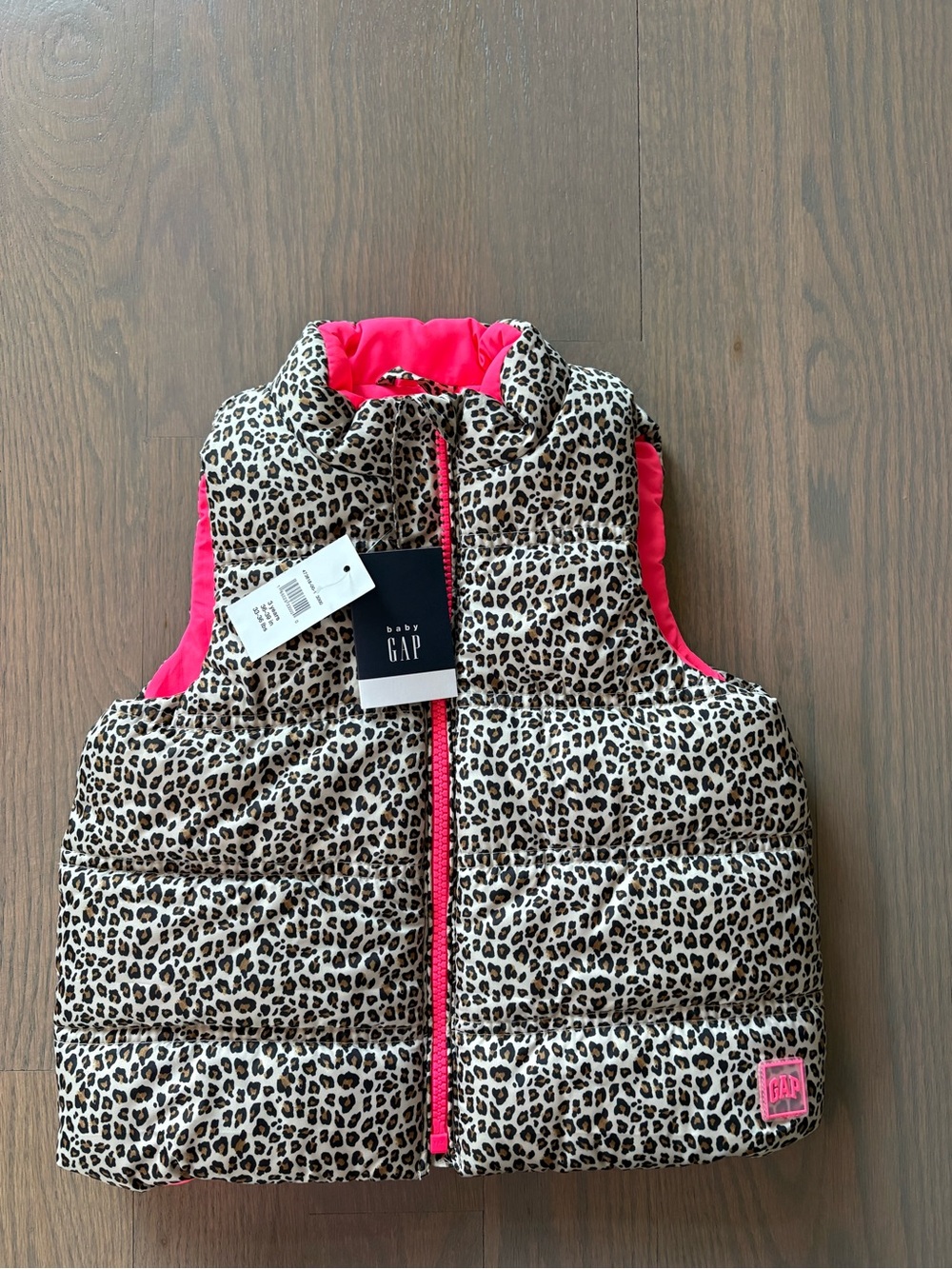 NWT Baby GAP Leopard Print Puffer Vest with Hot Pink Trim